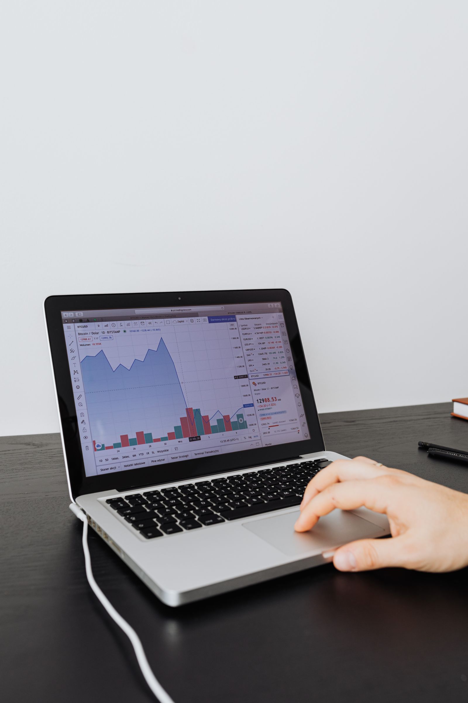 Laptop screen showing financial graphs and charts being analysed