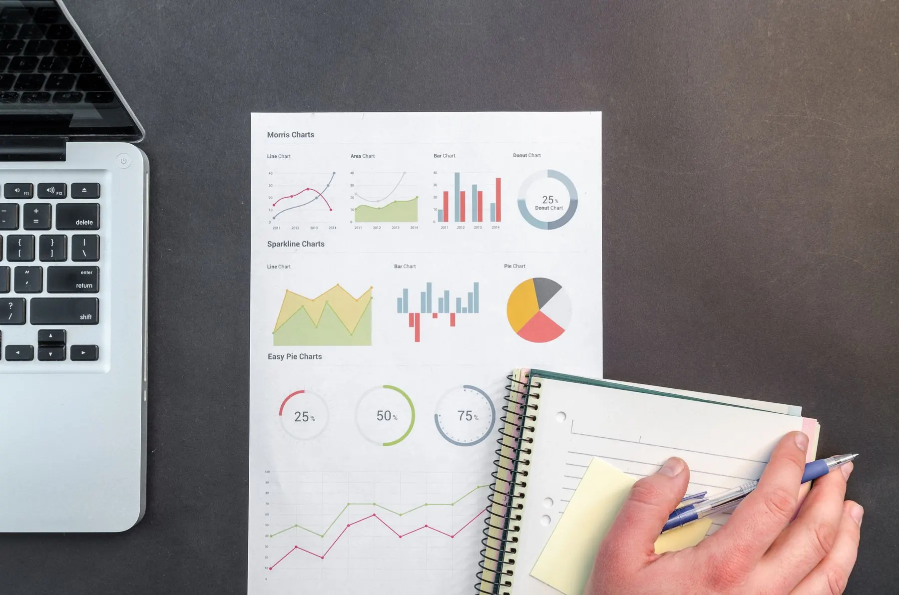 Printed charts, a laptop, and a notebook on a dark desk